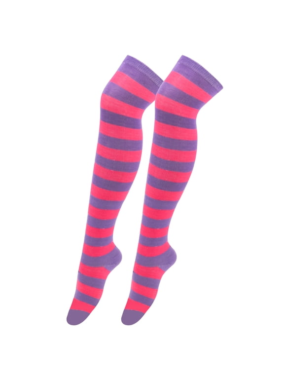 1Piece Thigh High Socks, Over Knee Striped Knee High Socks, Vintage Striped Thigh Socks, Ideal for Daily Outfits, Themed Party Costume Matching,Dark Pink Purple