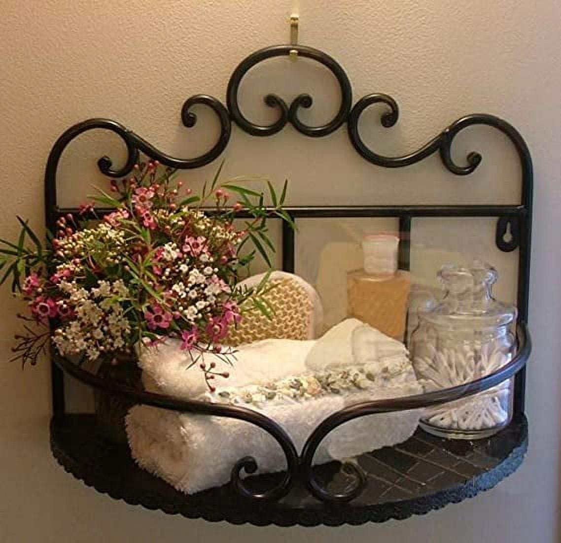 Black Iron Oval Floating Wall Shelf with Scroll Design