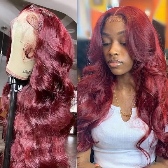 Nvzi 1 piece of 20 inch Dark Red wavy lace wig - lace front wig, pre impregnated non adhesive wig, lace closed invisible hair line, daily style matching