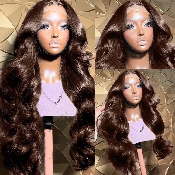 Nvzi 1 piece of 24 inch Dark Brown wavy lace wig - lace front wig, pre impregnated non adhesive wig, lace closed invisible hair line, daily style matching