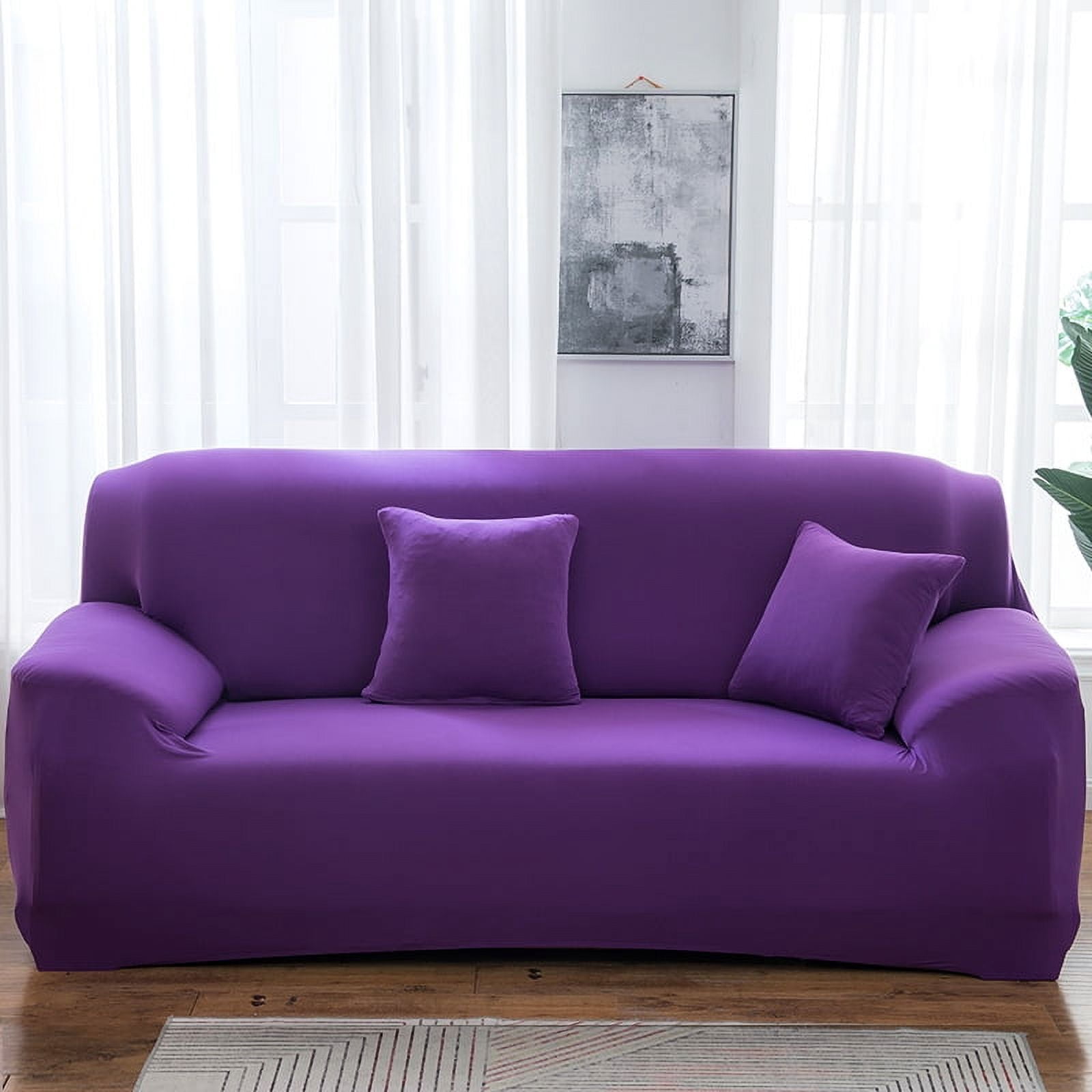 Nvzi 1 piece Purple universal sofa cover, 74.8-90.55-inch universal elastic three seat sofa cover, durable and stretchable furniture cover, fashionable solid color sofa elastic cover