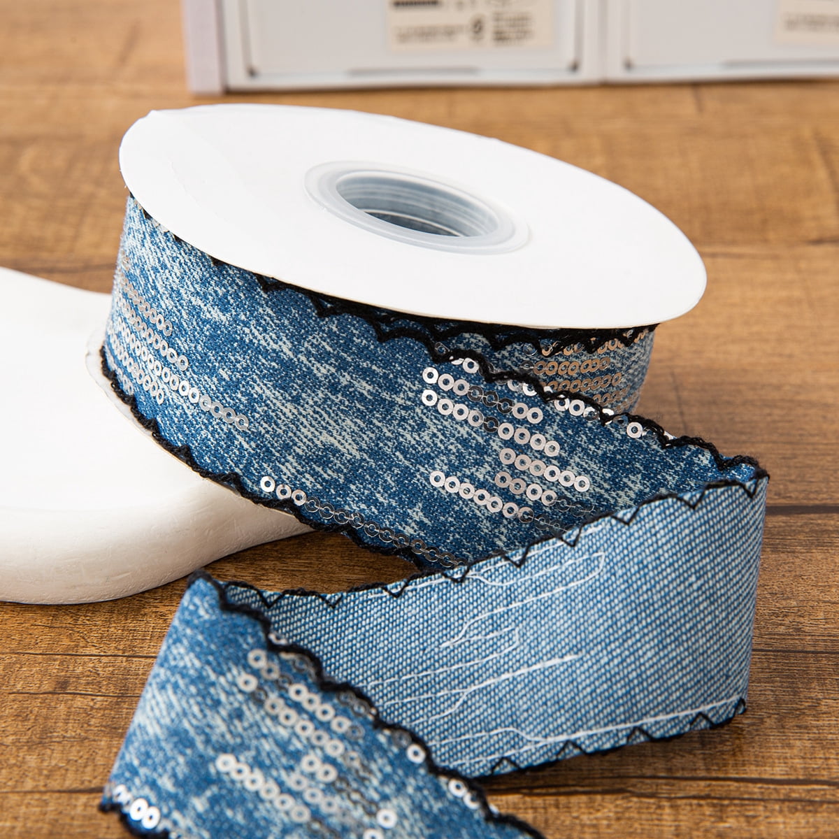 Nvzi 1 piece blue sequined denim ribbon -1.57 inches wide x 10