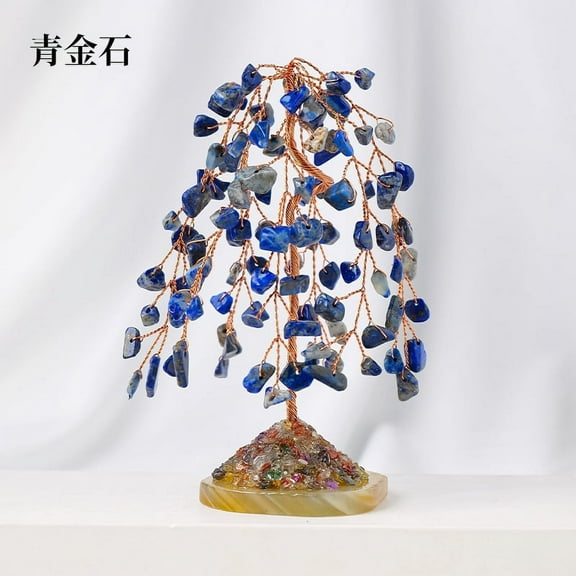 Nvzi 1 piece deep blue natural stone weeping willow tree natural crushed stone wealth tree hand woven energy tree life tree home decoration ornament
