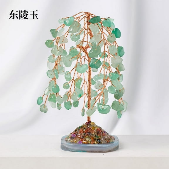 Nvzi 1 piece green natural stone weeping willow tree natural crushed stone wealth tree hand woven energy tree life tree home decoration ornament