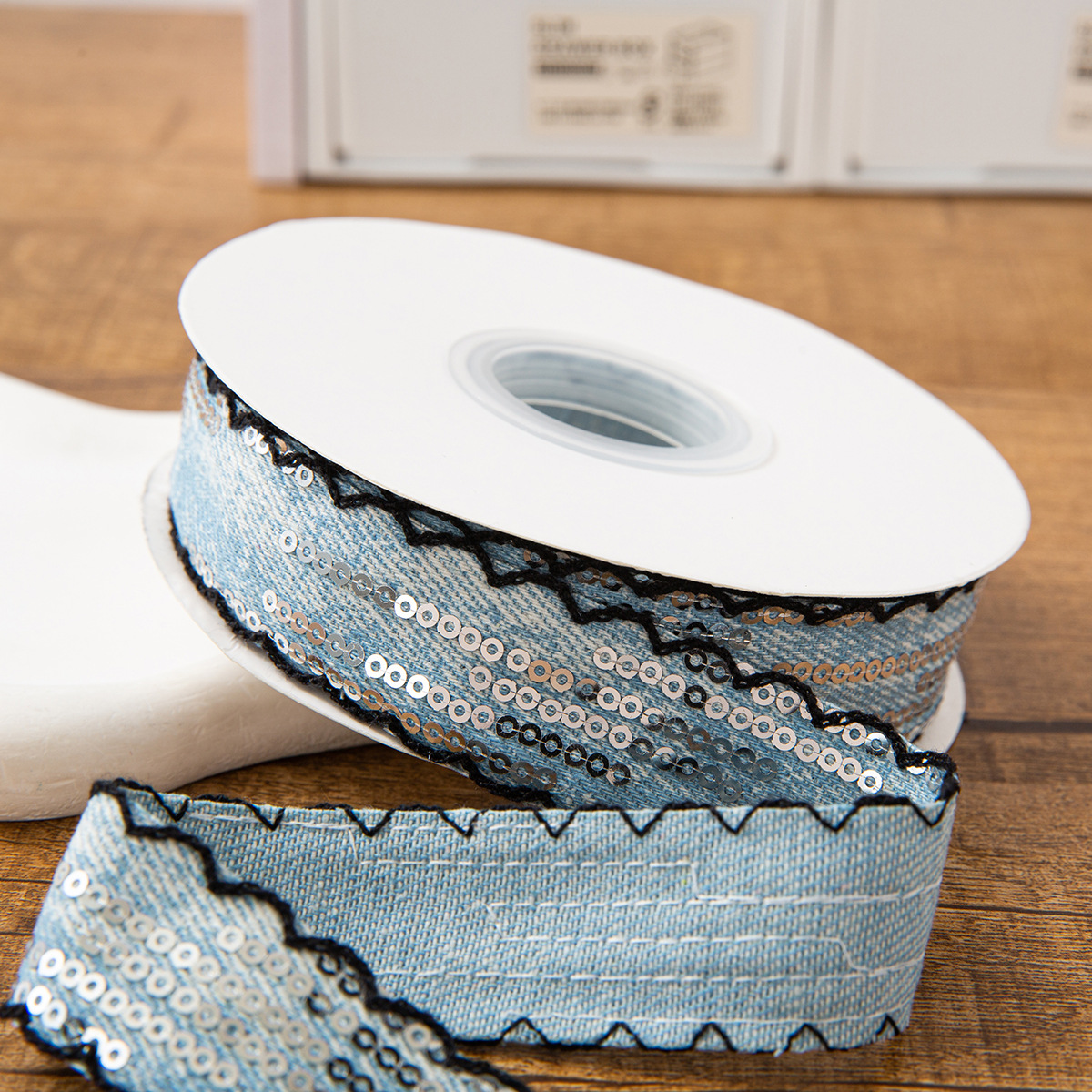 Nvzi 1 piece of light blue sequined denim ribbon -0.98 inches wide x 10 ...