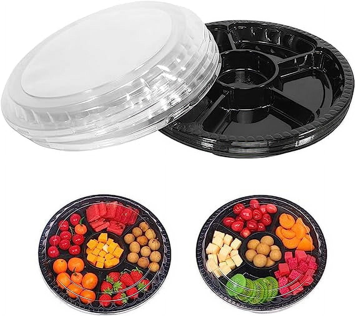 Fit Meal Prep [8 Pack] 10 Inch Round Plastic Appetizer Tray with Lid - 5  Compartment Container, Food Serving Dip Platter, Disposable Clear
