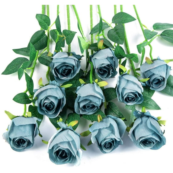 Nvzi 10pcs Artificial Rose Flowers Long Stem Fake Silk Roses for DIY Wedding Bouquet Home Decor (Blue)