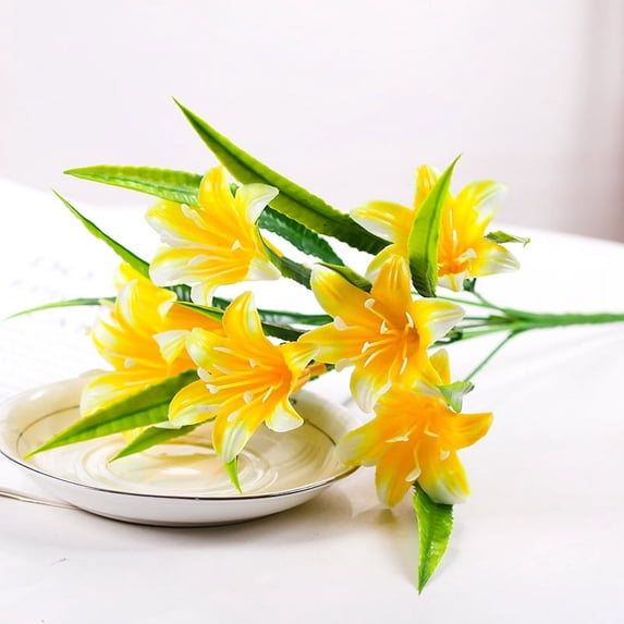 XmhyTop-A 12 Pcs Artificial Flowers, Faux Plastic Fabric Fake Flowers Lily Plants Greenery for Decor Window Pot Wedding Entryway, Yellow