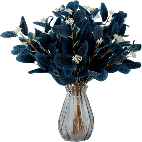 Nvzi 12Pcs Artificial Eucalyptus Stems, 20" Fake Silk Eucalyptu Leaves with Berries, Greenery Plants Floral Decorations (Navy Blue)
