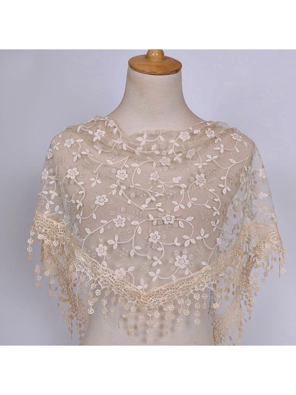 138x40cm Triangle Lace Shawl Lightweight Soft Leaf Pattern Fringe Scarf for Evening Events, Weddings Elegant Draping,Beige
