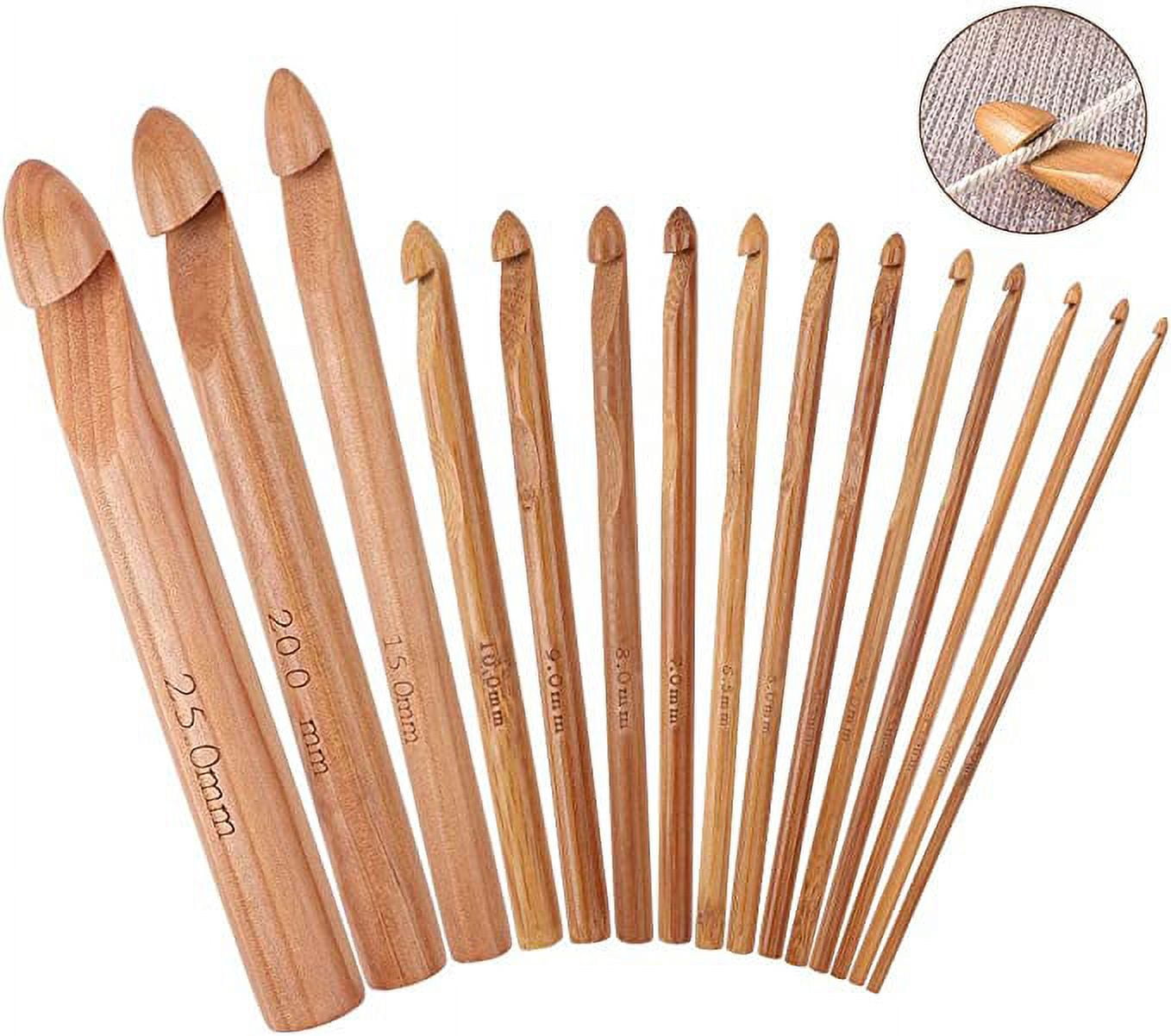 Nvzi 15 Piece Wooden Crochet Hooks in Various Sizes, Natural Bamboo