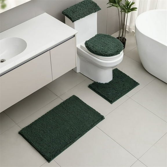 Nvzi 1Pcs Chenille bathroom toilet three-piece set, 3 Piece Soft and Comfortable Bath Mat Include Toilet Lid Cover, Non-Slip Absorbentb Rugs(Dark green
