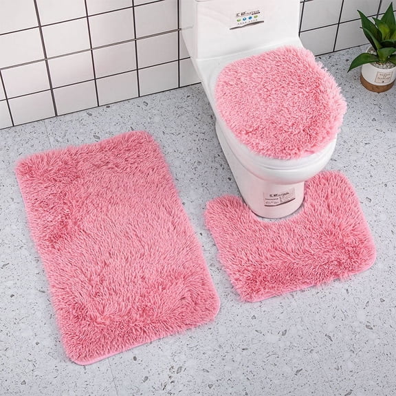 Nvzi 1Pcs Machine washable bathroom floor mat three-piece U-shaped toilet, 3 Piece Soft and Comfortable Bath Mat Include Toilet Lid Cover, Non-Slip Absorbentb Rugs(pink