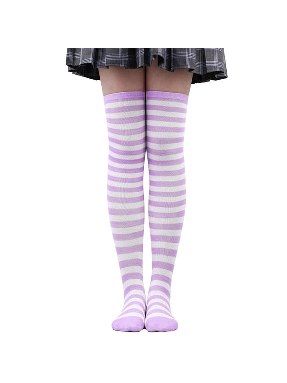 2Piece Thigh High Socks, Over Knee Striped Knee High Socks, Vintage Striped Thigh Socks, Ideal for Daily Outfits, Themed Party Costume Matching,Light Purple White