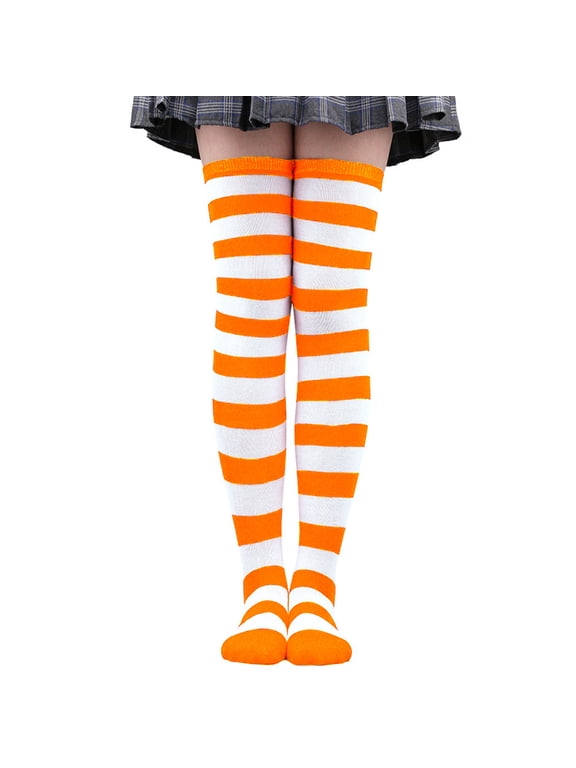 2Piece Thigh High Socks, Over Knee Striped Knee High Socks, Vintage Striped Thigh Socks, Ideal for Daily Outfits, Themed Party Costume Matching,Orange White 01