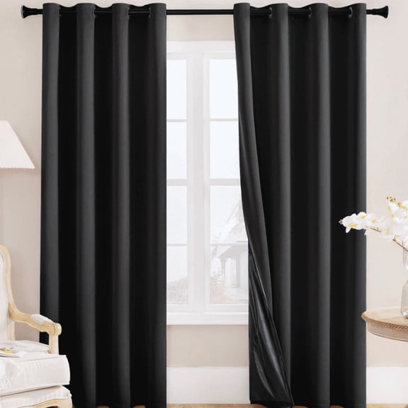 Nvzi 2-piece - Fully blackout curtains 52 x 84 inches Black with black insulated blackout lining, bedroom summer insulated privacy curtains, machine washable curtains