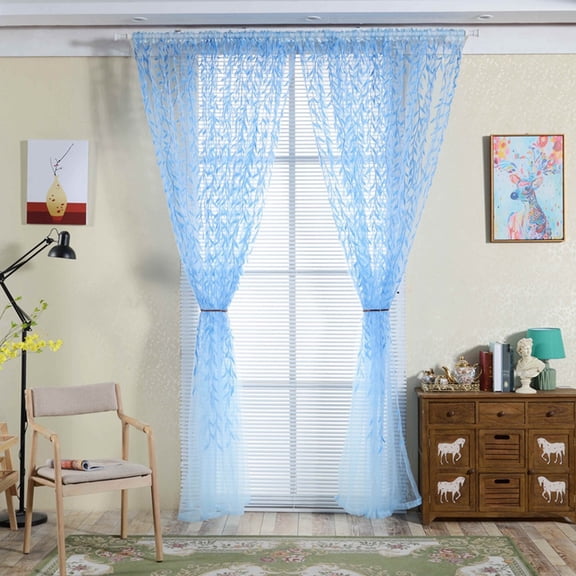 Nvzi 2 piece set voile tulle willow leaf see-through curtains voile panel curtains living room bedroom balcony (210*95cm) - blue