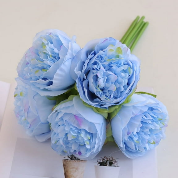 Nvzi 2 pieces bouquet, total 10 artificial peony silk flowers and leaves, home office wedding party holiday bar decoration (blue)
