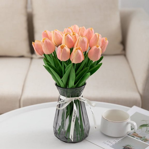 Nvzi 20 Count White Flower Artificial Tulip Silk Fake Flowers 13.5 Inch Mother's Day Easter Valentine's Day Gift Bulk Home Kitchen Wedding Decoration (Sunset Pink)
