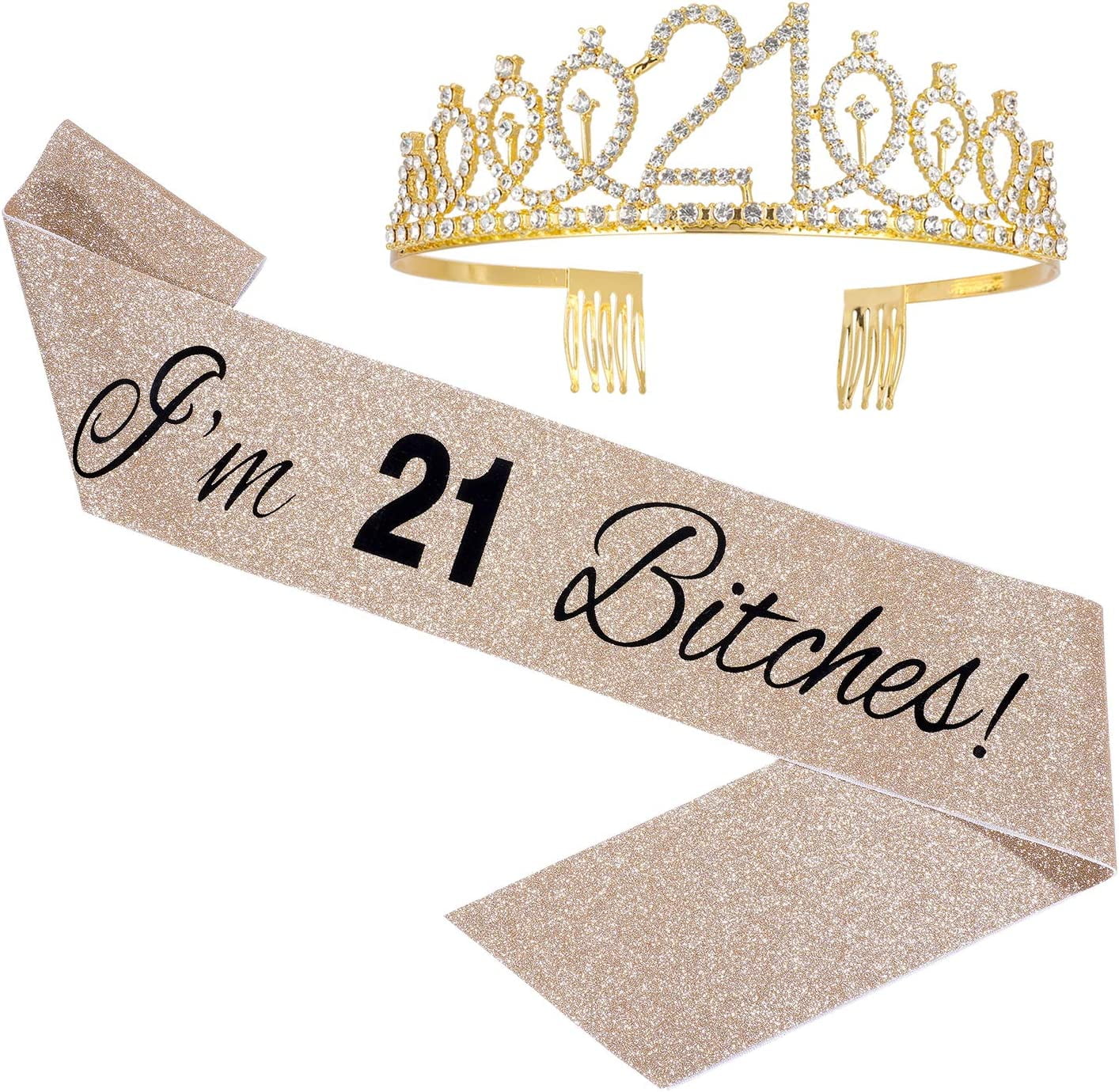 Nvzi 21st Birthday Sash & Crown Set,21st Birthday Decorations for Women, Fun Party Favors Birthday Party Supplies, Birthday Crowns&Birthday Sash for Her,21st Birthday Sash and Crown for Girl