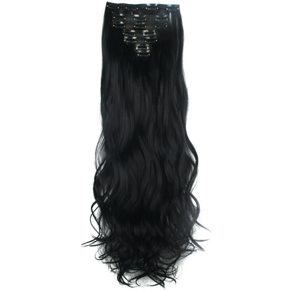 Nvzi 24" Long Curly Wavy Full Head Clip in Synthetic Hair Extensions-Dark Black