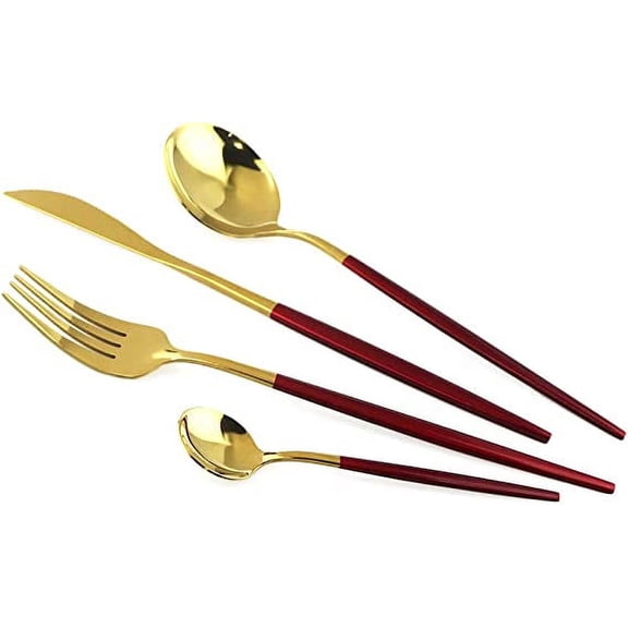 Nvzi 24-Piece Silverware Set - Stainless Steel Reusable Utensils Forks Spoons Knives Set, Mirror Polished Cutlery Flatware Set, Great for Family Gatherings & Daily Use (6 set, Red Gold)