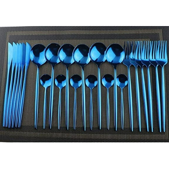 Nvzi 24-Piece Silverware Set - Stainless Steel Reusable Utensils Forks Spoons Knives Set, Mirror Polished Cutlery Flatware Set, Great for Family Gatherings & Daily Use (6 set, Blue)