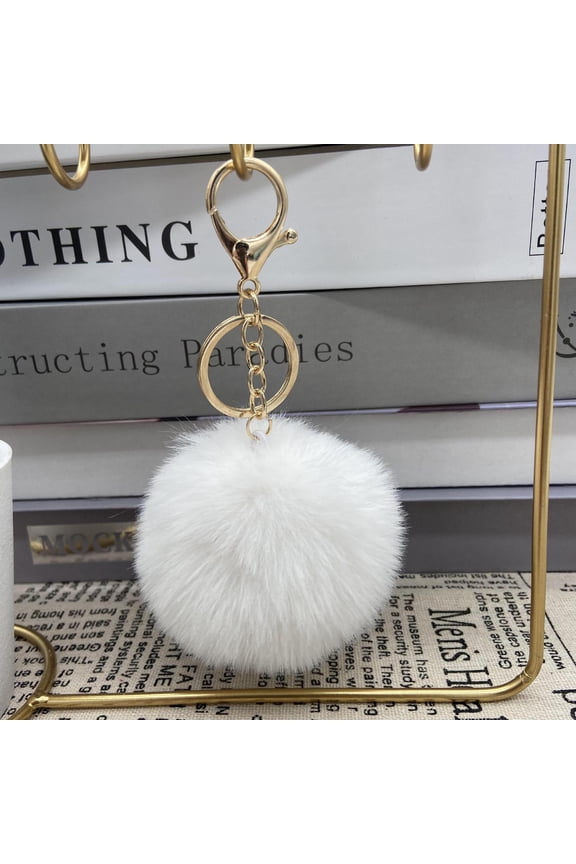 2Pcs White imitation rabbit fur plush ball keychain pendant -5.51 × 3.15in handbag decoration accessories, car key accessories