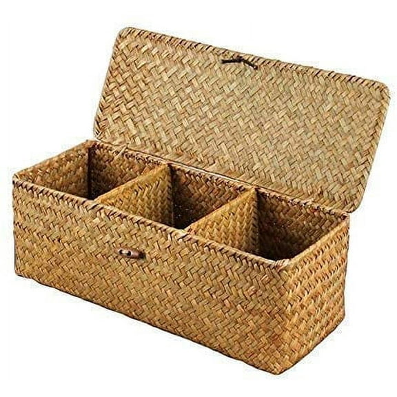 Nvzi 3 Grids Hand-Woven Water Hyacinth Baskets With Lid, Straw Storage Basket