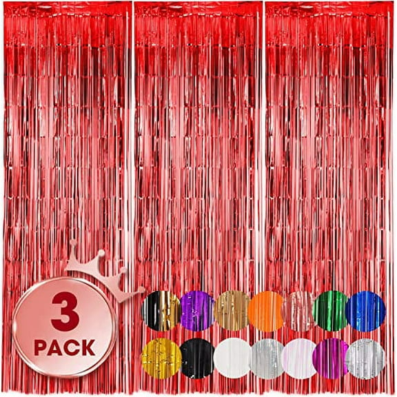 Nvzi 3 Pack 3.3x8.2 Feet Red Foil Fringe Backdrop Curtains, Tinsel Streamers Birthday Party Decorations, Fringe Backdrop for Graduation, Baby Shower, Gender Reveal, Disco Party