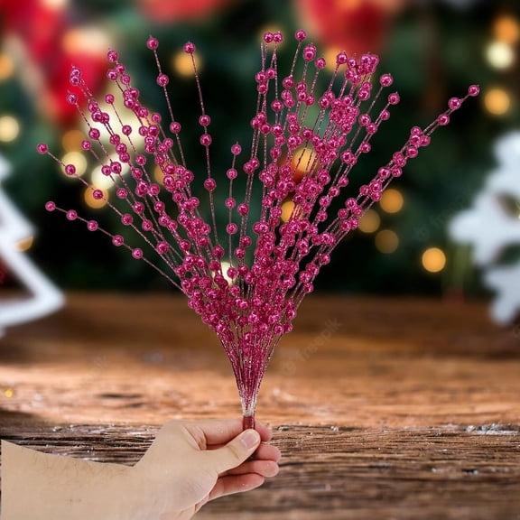 Nvzi 3 Pack Rose Artificial Glitter Berry Stems 15.7" Fake Decorative Glitter Sticks for Christmas Tree