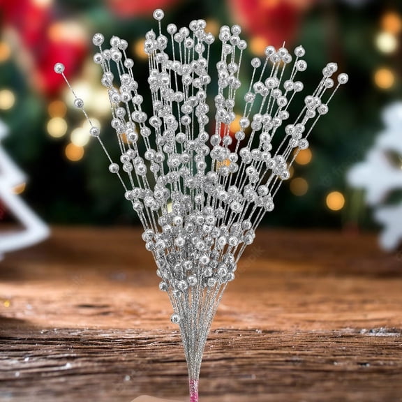 Nvzi 3 Pack Silver Artificial Glitter Berry Stems 15.7" Fake Decorative Glitter Sticks for Christmas Tree