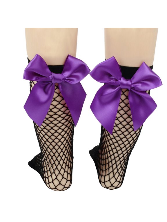 3 Pairs Fishnet Sheer Socks Bow Mesh Net Elastic Sock-Black+Purple