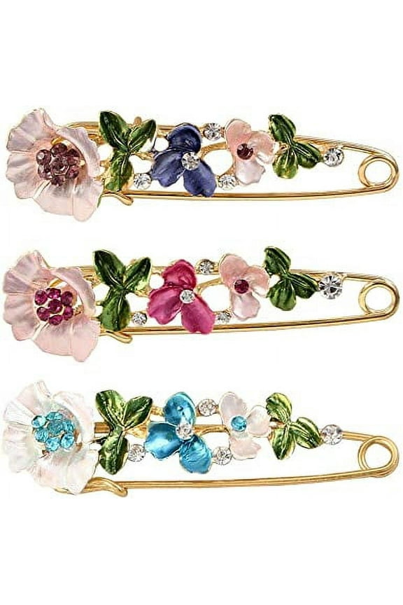 3 Pieces Crystal Flower Safety Decorative Pins Brooch Clip Clasp Pin for Clothing Scarves Shawl Buttons