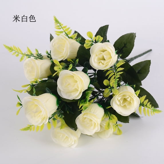 Nvzi 3 bundles+artificial rose bouquet, Off White, 17 inches long, UV resistant outdoor artificial silk bouquet, plastic stems with leaves, all season wedding courtyard decoration
