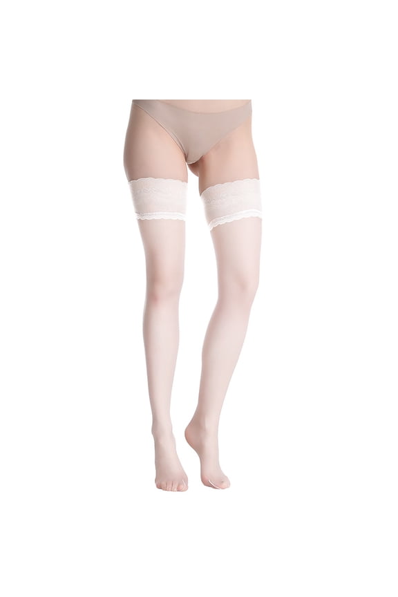 3 pairs of White transparent thigh socks, one size fits all, silicone anti slip lace lace lace, soft and elastic nylon blend, suitable for daily wear with skirts, uniforms, etc