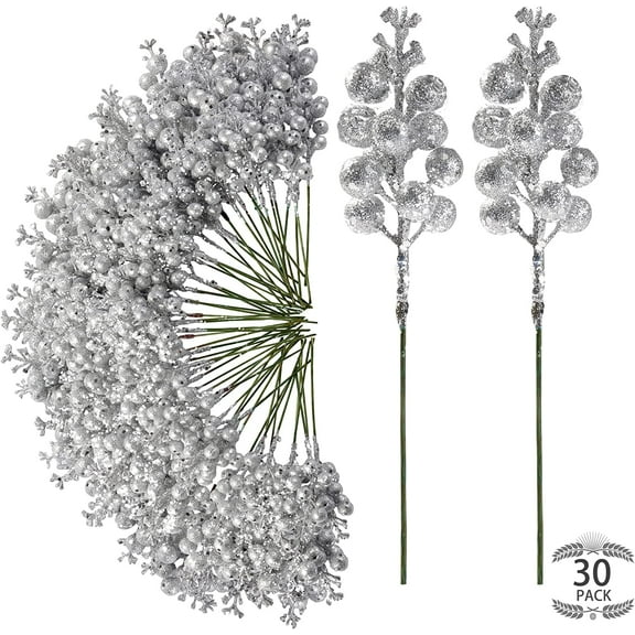 Nvzi 30Pcs Christmas Glitter Berries Stems Artificial Red Berry Branches Holly Picks Stems Christmas Tree Ornaments for DIY Xmas Wreath Crafts Gifts Holiday Home Decor (Silver)