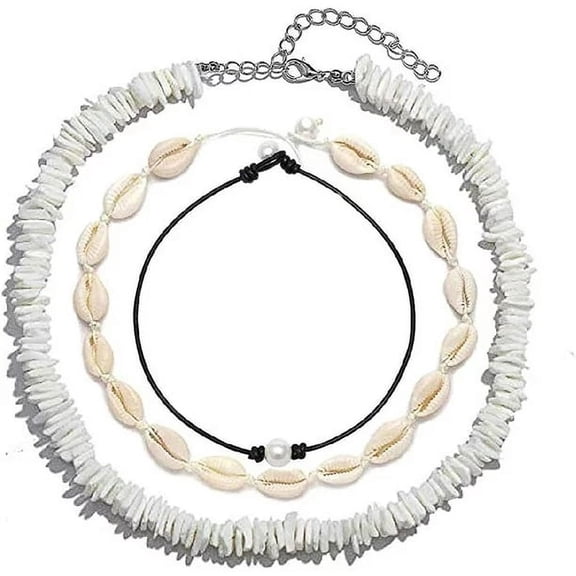 Nvzi 3Pcs Set - Womens Seashell Necklace, Pearl Choker, Mens Hawaiian Puca Chip White Necklace - Handmade Sea Shells Beads Women Men Necklaces Surfer Chips Beach Jewelry