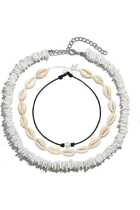 3Pcs Set - Womens Seashell Necklace, Pearl Choker, Mens Hawaiian Puca Chip White Necklace - Handmade Sea Shells Beads Women Men Necklaces Surfer Chips Beach Jewelry