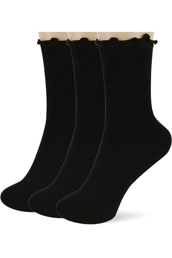 3pcs Womens Cotton Socks - Ruffle Turn Cuff Sock - Casual Crew Frilly SockBlack