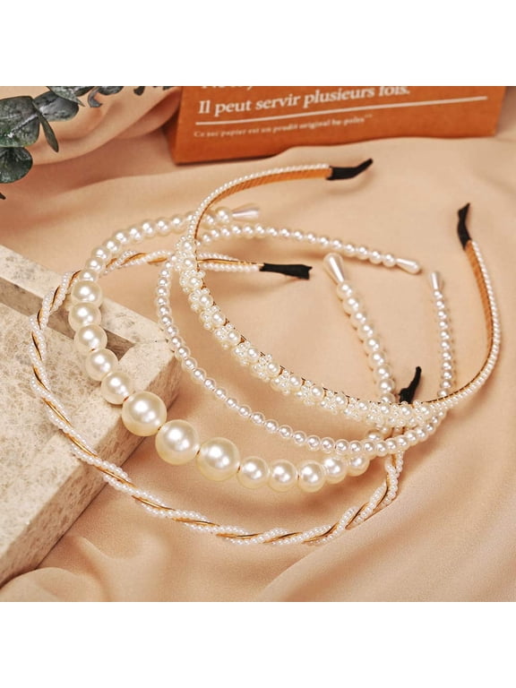 4 Pack Pearls Fashion Headbands,White Artificial Pearl Rhinestones Hairbands