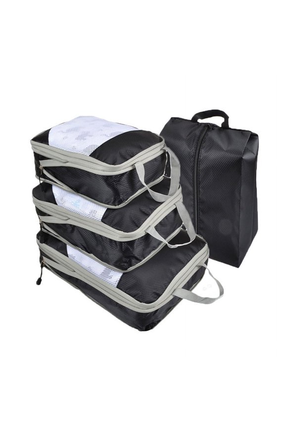 4 Piece Compression Packing Cube Set, Travel Storage Bag Portable Luggage Storage Box Set Expandable Packing Mesh Bag for Clothing Underwear Shoes (Black)