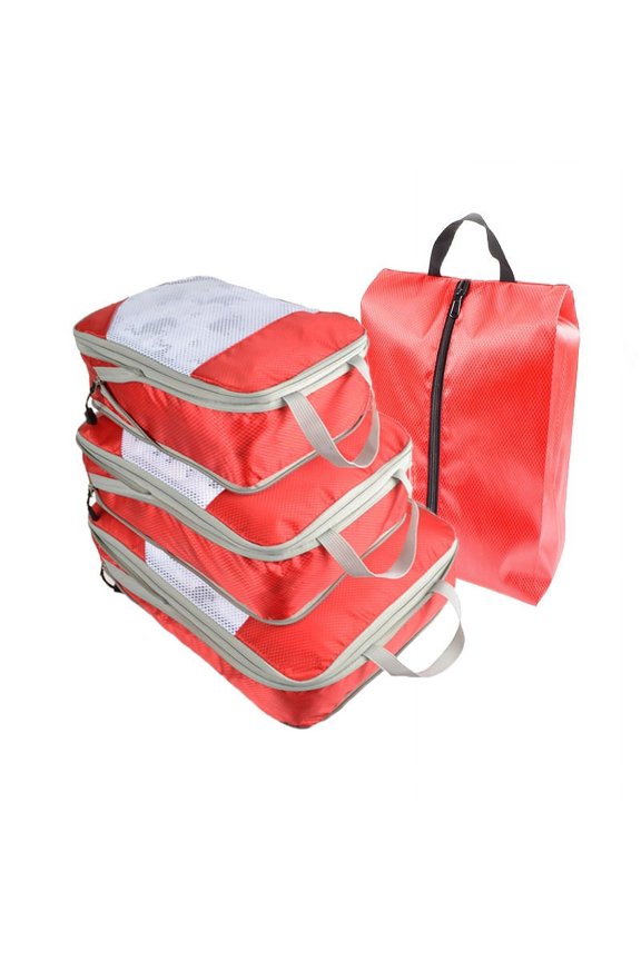 4 Piece Compression Packing Cube Set, Travel Storage Bag Portable Luggage Storage Box Set Expandable Packing Mesh Bag for Clothing Underwear Shoes (Red)