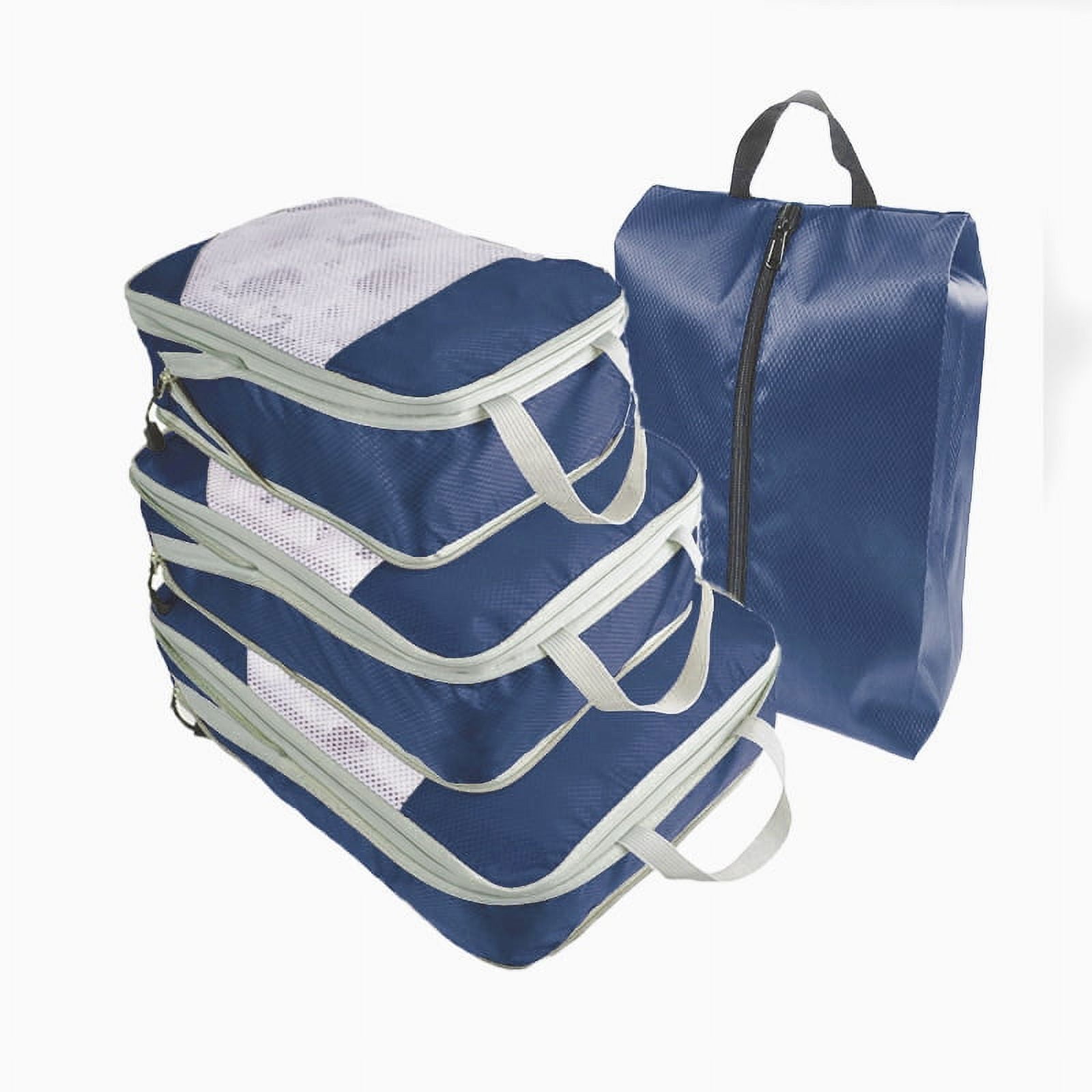 Nvzi 4 piece set Compression Packing Cube Set, Travel Storage Bag Portable Luggage Storage Box Set Expandable Packing Mesh Bag for Clothing Underwear Shoes (Navy Blue)