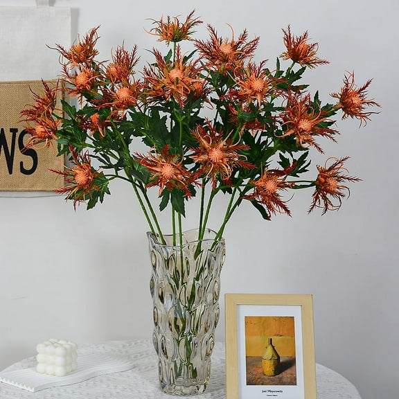 XmhyTop-A 5 Branch Orange Artificial Thistle Flowers Bouquet, Silk Fake Flower Plants for Home Decor, Garden Wedding, Office, Prom Party Decor