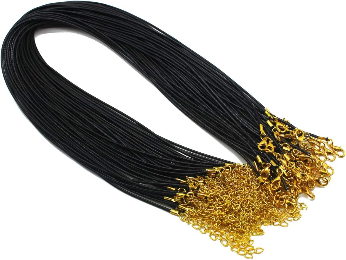 Nvzi 50 Pieces 1.5mm Black Waxed Necklace Cord with Gold Chain Lobster
