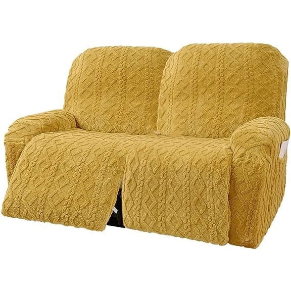 Nvzi 6 Pieces Geometric Jacquard Plush Recliner Loveseat Slipcovers Soft Fuzzy Fluffy Sofa Couch Cover Anti-Slip Furniture Protector with Elastic Bottom for Kids Cats Dogs(Yellow,2 Seat)