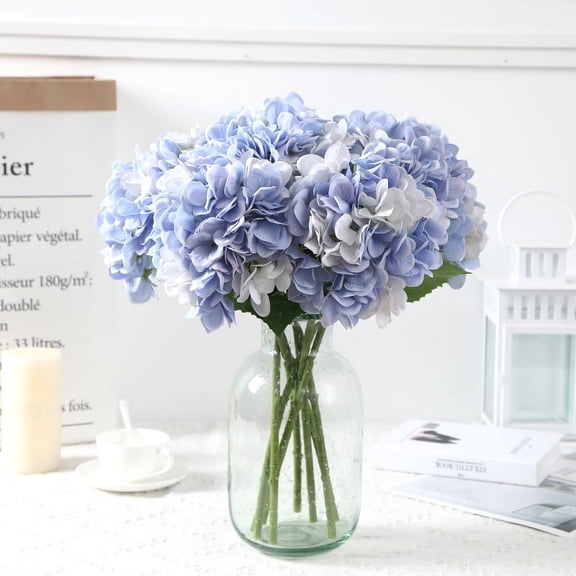 Nvzi 6Pcs Blue Flowers Silk Hydrangea Artificial Flowers Realistic Hydrangea Flowers Bouquet for Wedding Party Office Home Decor (Blue and white)