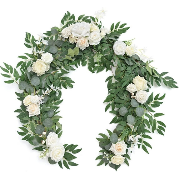 Nvzi 6ft Artificial Eucalyptus Garland with Flowers Fake Greenery Faux Floral Vine , Ivory White