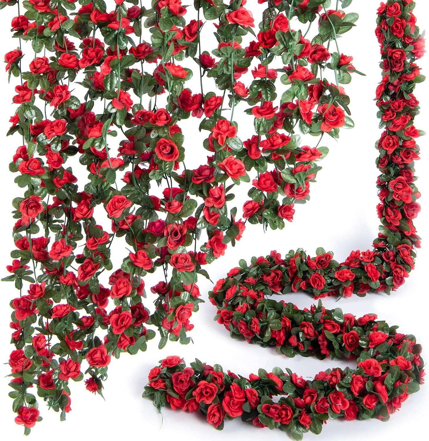 Nvzi 8 Pcs 66FT Flower Garland, Artificial Rose Vine Flowers with Green Leaves Hanging for Room, Anniversary Wedding Birthday Christmas Wall Arch Decor, Spring Red Flower